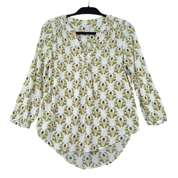 hinge Tops - Hinge Womens Pineapple‎ Print Dobby Dot Blouse White Yellow Green Size Medium